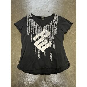 Rocawear Shirt Womens 1X Black V Neck Glitter Logo Striped Graphic Hip Hop Tee